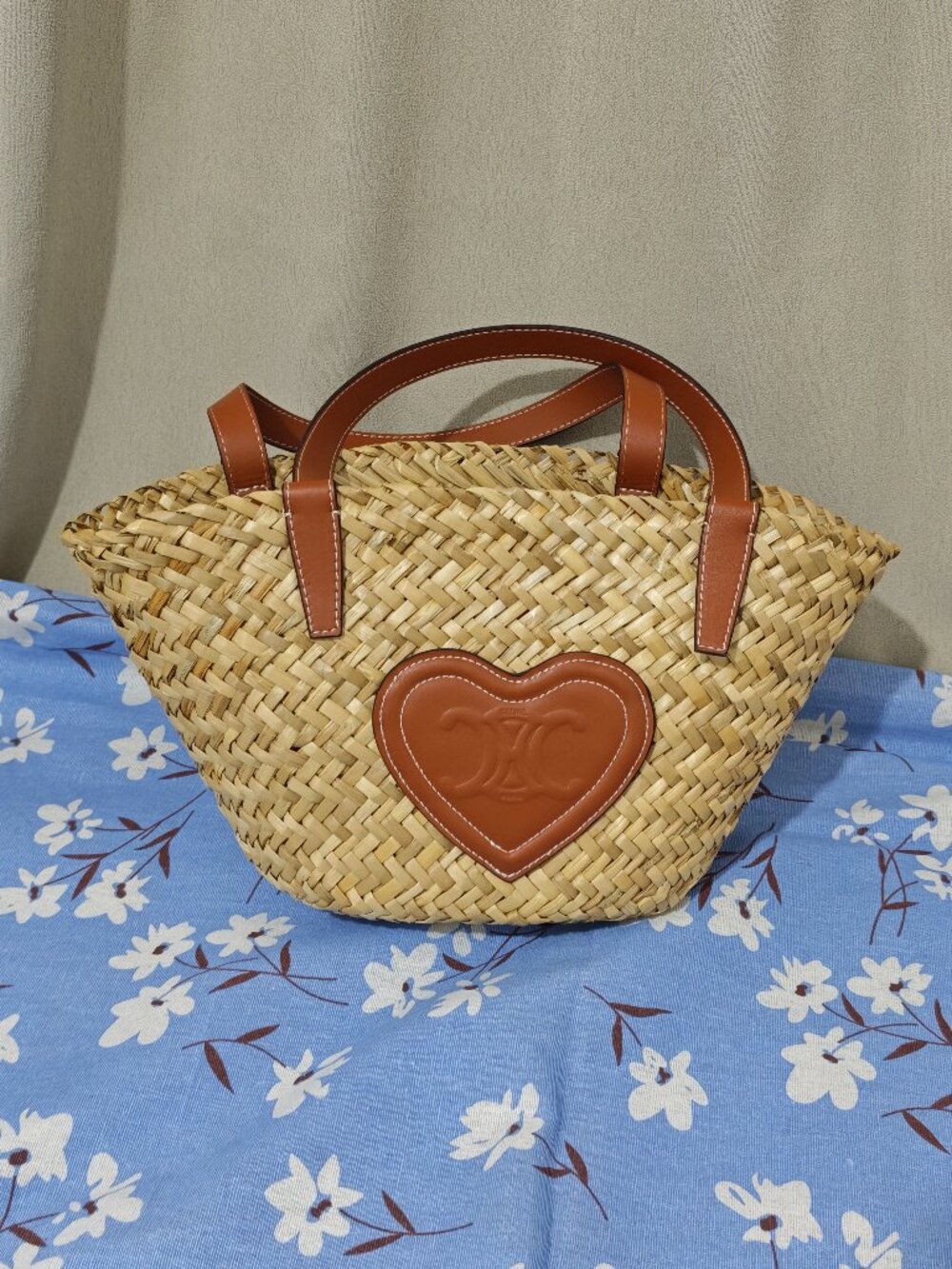 Celine Natural Straw Heart Logo Tote Bag